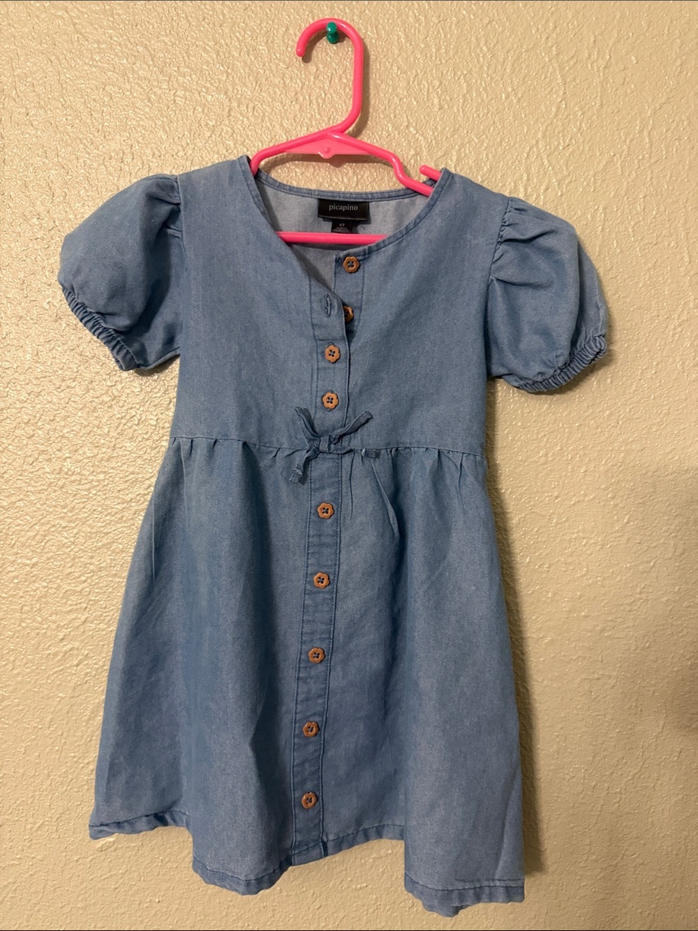 Picapino Soft Chambray Puff-Sleeve Dress in Light Blue